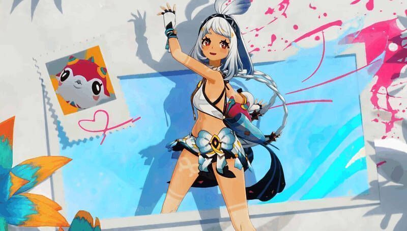 玛拉妮角色立绘，身穿清凉运动装，脚踏冲浪板，手持水花四溅的桨，背景为热带海岸