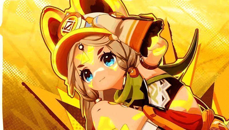 卡齐娜角色形象展示，头戴矿工帽，身着岩色战斗服，操控旋转装置腾空而起