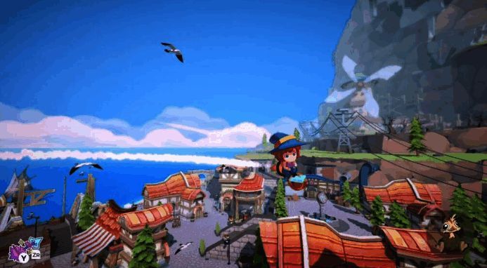 米卡在岛屿小镇降落，居民抬头微笑致意，街道充满童话风格建筑与鲜花装饰