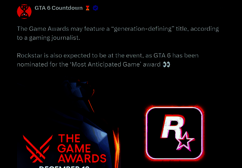 TGA颁奖典礼现场灯光璀璨，舞台中央大屏幕显示游戏剪影，观众席充满期待氛围