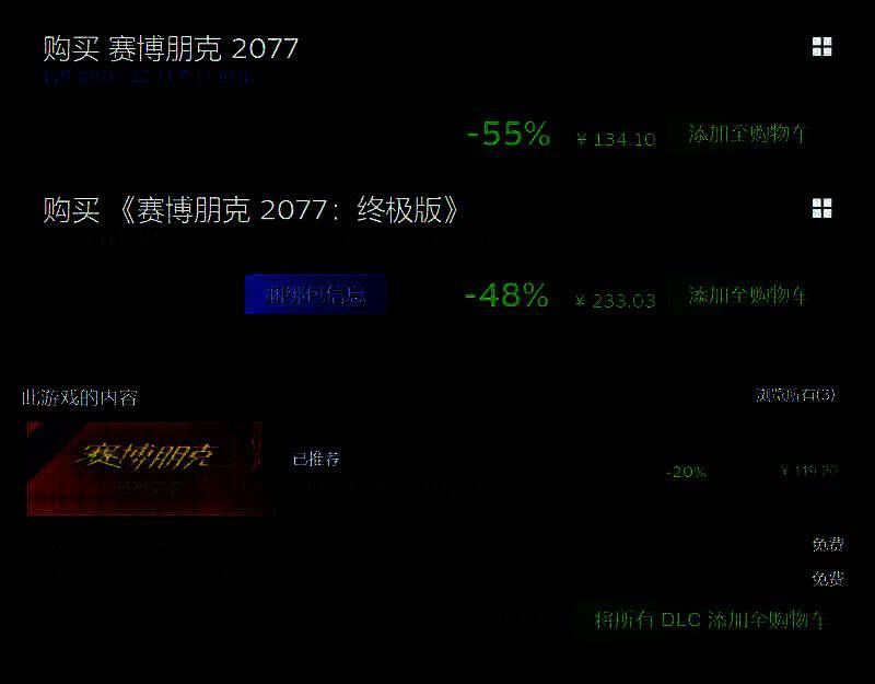 Steam商店页面截图，显示《赛博朋克2077》各版本价格对比，标注了折扣前后价格及节省金额