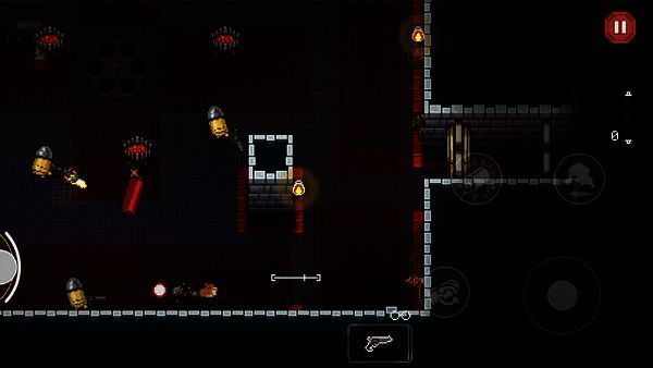 手游操作界面演示动图，展示自动瞄准与滑动调整视野的功能，角色在密集弹幕中灵活闪避并精准反击