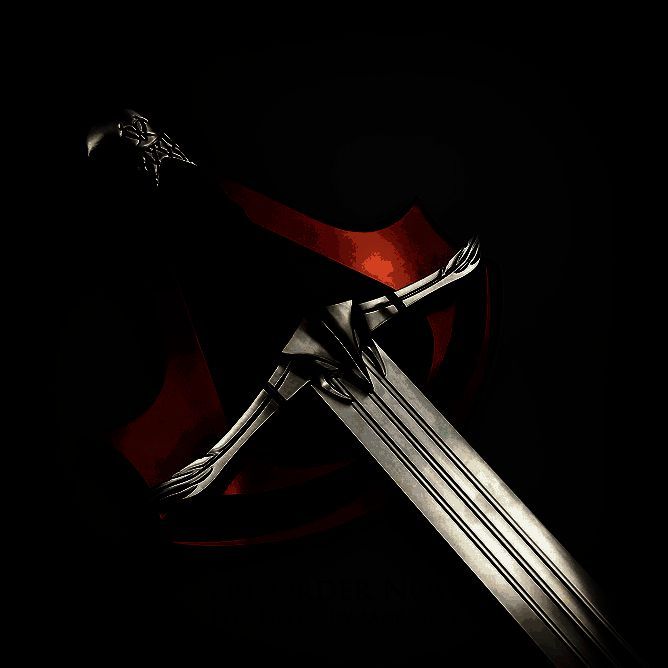 阿泰尔之剑复制品悬挂于墙面展示架上，背景为暗色调，突出其冷峻锋利的视觉效果