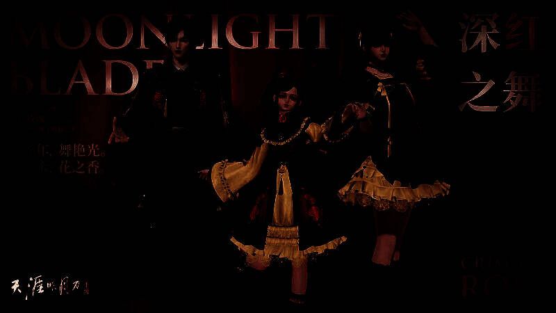 【浮光·深红之舞】外观整体展示，角色身穿红黑配色长裙，裙摆点缀玫瑰元素，背景为童话森林场景