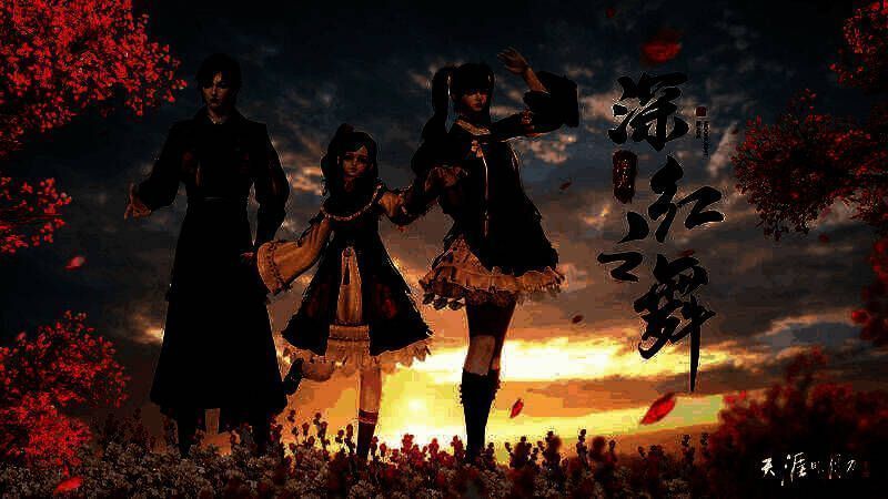 角色正面展示【浮光·深红之舞】细节，裙摆上的玫瑰刺绣清晰可见，整体造型优雅华丽