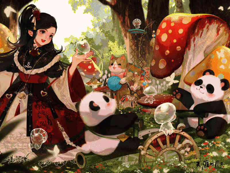 童话森林场景展示，蘑菇屋、熊猫玩偶、花丛遍布，充满童趣氛围