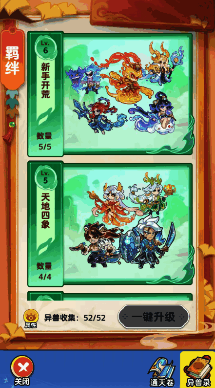 真灵羁绊图鉴界面，展示多个羁绊组合及其激活条件与属性加成