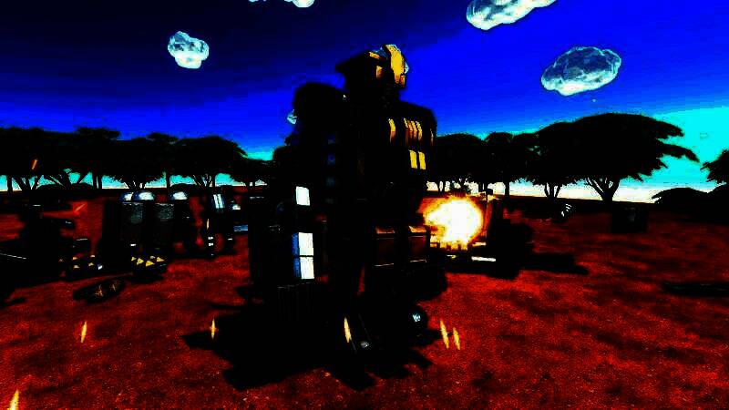 一台红黑配色的重型机甲在爆炸火光中完成从载具形态到人形的变形，地面碎石飞溅，视觉冲击强烈