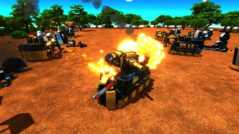 多台不同型号的机甲在城市街道中列队行进，背景是被摧毁的高楼，天空阴云密布，气氛紧张