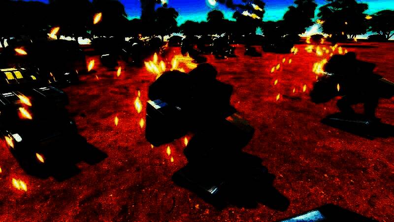 空中视角俯瞰大型战场，多组机甲在复杂地形中交战，导弹轨迹与爆炸特效交织