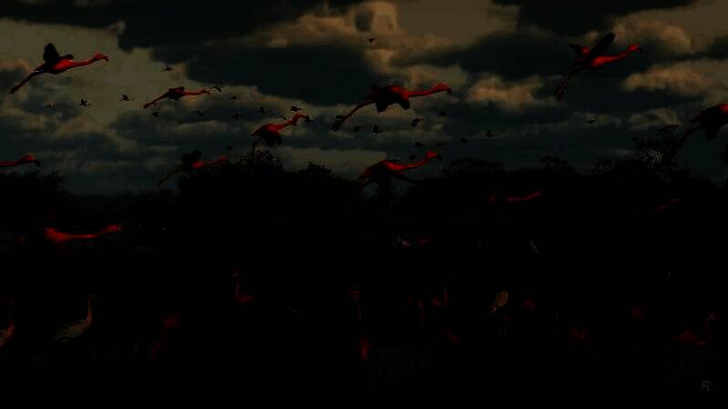 广角镜头下的罪恶都市全景，白天的海滩与夜晚的霓虹街道交界，城市中车辆川流不息，远处飓风云层正在逼近