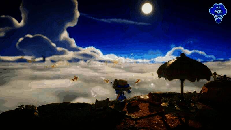 玩家角色躺在浮岛草坪上仰望星空，身旁漂浮着发光小动物，远处是彩虹瀑布与会飞的鱼