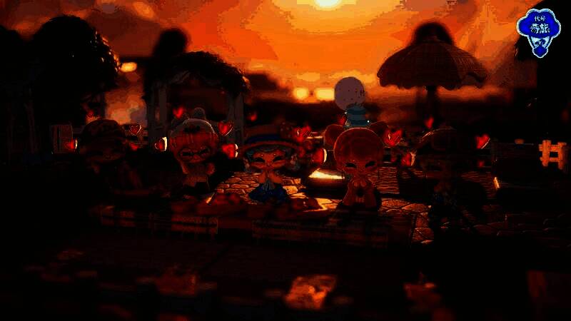 两位玩家角色手牵手在空中花园奔跑，身后留下星光轨迹，背景是夕阳下的浮岛群