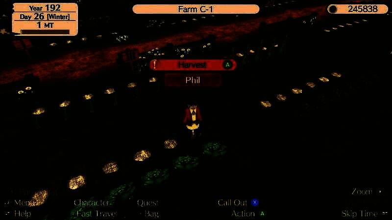 玩家在田园中耕作的场景，阳光洒落，角色手持锄头翻土播种