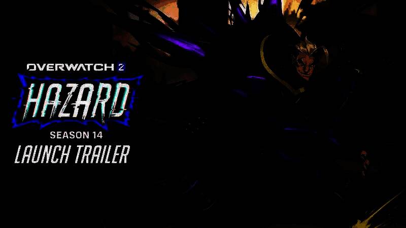 《守望先锋2》第十四赛季预告宣传图，展示新英雄哈扎德的剪影轮廓，背景为未来都市战场，光影效果突出其神秘气质