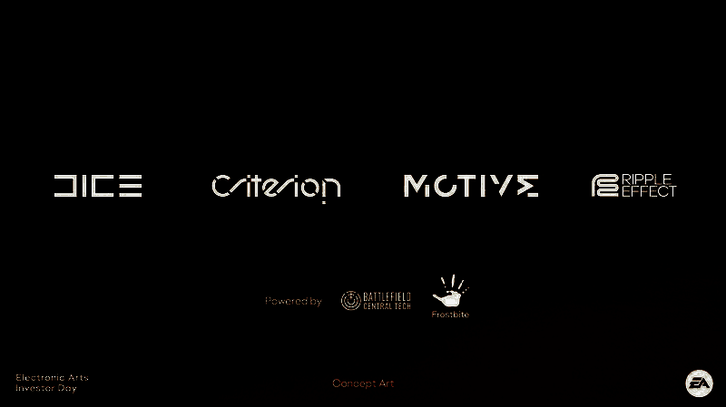 DICE与Criterion工作室联合开发概念图，地图上标注欧洲与北美工作室位置，中间为《战地》LOGO