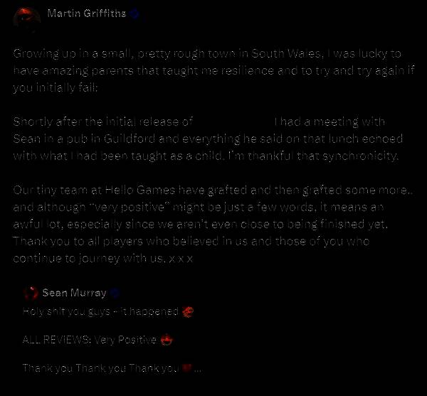 Martin Griffiths在社交媒体上回应玩家，强调《无人深空》仍将持续更新