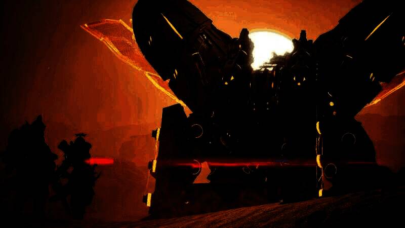 《荒野起源》达里曼平原实机画面，展现荒凉大地上的部落遗迹与远处游走的巨型机械生物