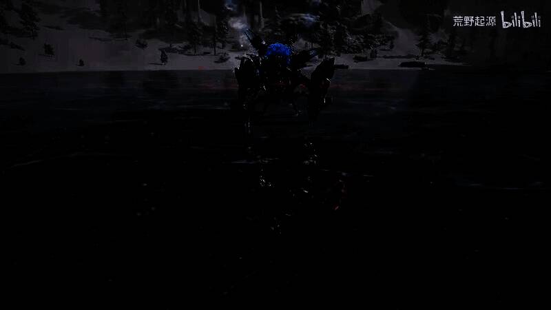 多个玩家角色围攻一台双足机械战车，战场硝烟弥漫