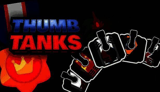 《拇指坦克》游戏封面图，展示卡通风格的迷你坦克在竞技场中激烈对战，背景充满爆炸特效和金币元素