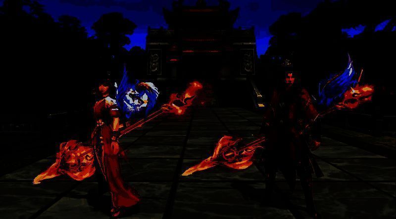 珠联壁合时装展示图，男女角色身穿红金配色古风情侣装，细节精致，充满喜庆气息