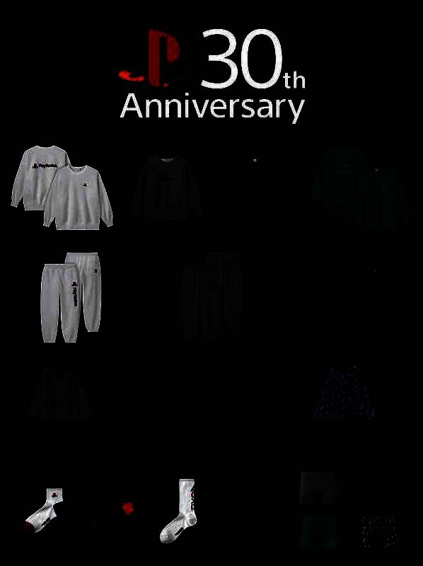 联名系列全家福陈列图，展示白色、灰色、黑色和绿色四色卫衣、卫裤、袜子等单品整齐摆放，中央突出PlayStation 30周年纪念Logo