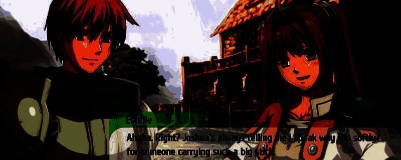 《伊苏VS空之轨迹》角色对战场景，亚特鲁与艾丝蒂尔在光影交错的战场中激烈交锋，技能特效绚丽