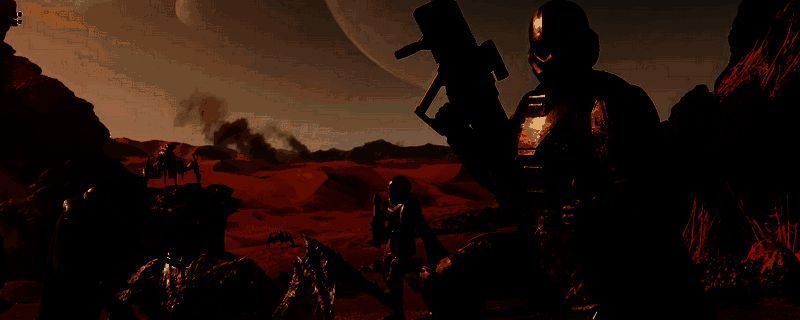 《绝地潜兵2》中类星体加农炮发射瞬间，蓝色能量光束贯穿战场，前方虫族单位被爆炸气浪掀飞