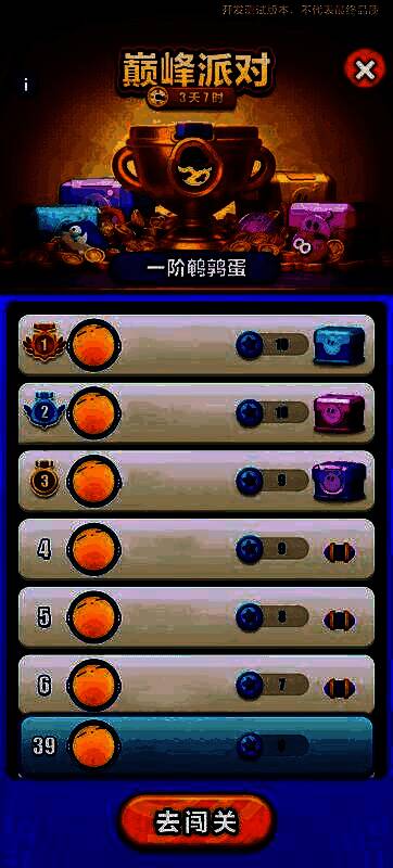 巅峰派对排行榜界面，显示玩家排名、积分与蛋位等级，营造出激烈的竞技氛围