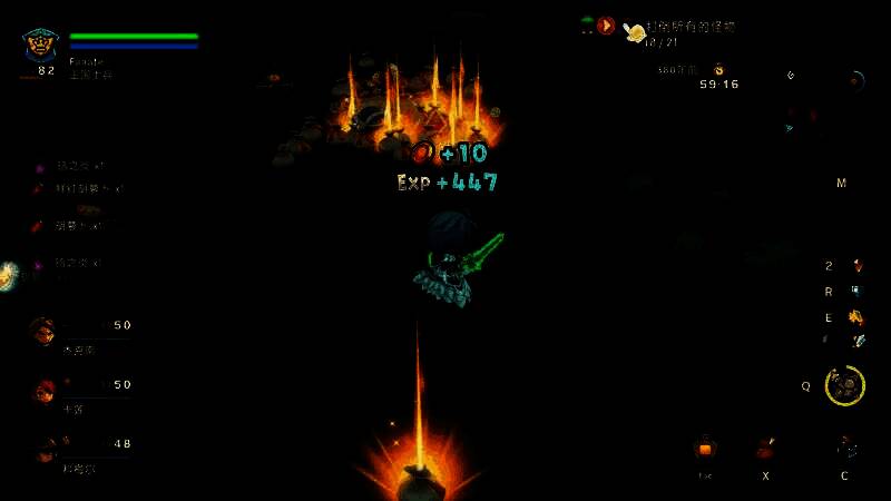 战斗动态截图，骑士角色挥盾斩击怪物，技能特效炫目，显示高额伤害数字与多个掉落物品弹出