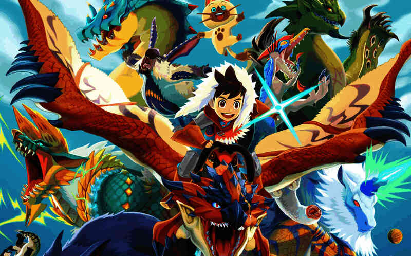 《怪物猎人：物语》游戏画面，主角与巨型怪物并肩作战，场景充满奇幻风格的草原与浮空山