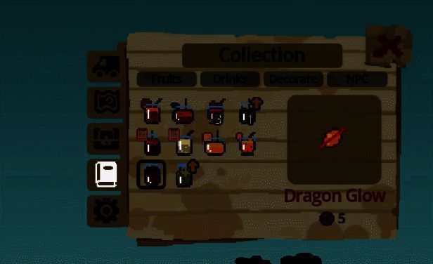 玩家正在制作果汁，屏幕上显示多种水果组合选项，顾客头像在一旁等待