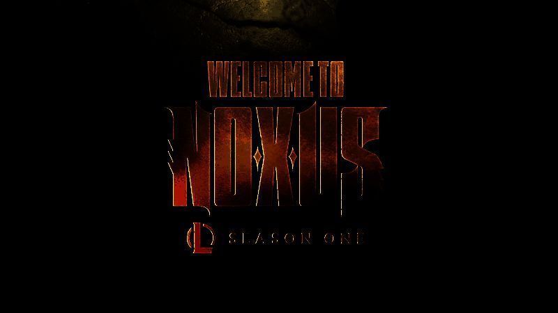 《英雄联盟》官方宣传图展示诺克萨斯主题赛季的帝国风格视觉设计，黑色与红色为主色调，士兵列队前行