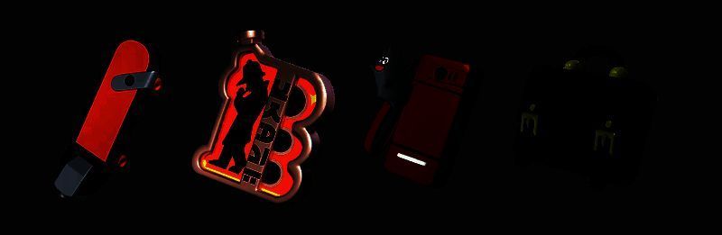 联动配饰展示图，包含太阳能滑板、侦探徽章、带吊坠手机等经典道具