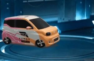 Q版五菱宏光MINI EV 3D车标旋转展示，卡通风格鲜明，色彩明亮