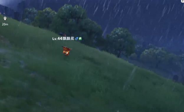 草原形态的飘飘花特写，花瓣呈橙红色，在夜色背景下散发微光