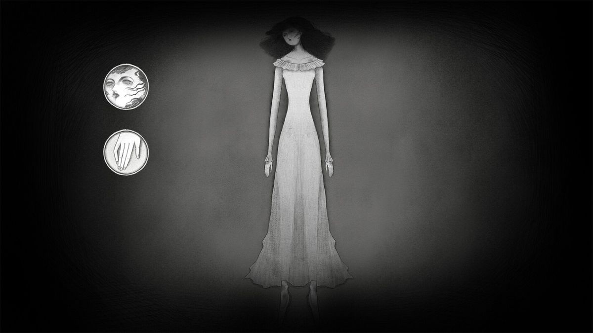 走廊场景，长镜头黑白画面中一扇半开的门透出微光，营造紧张与未知感