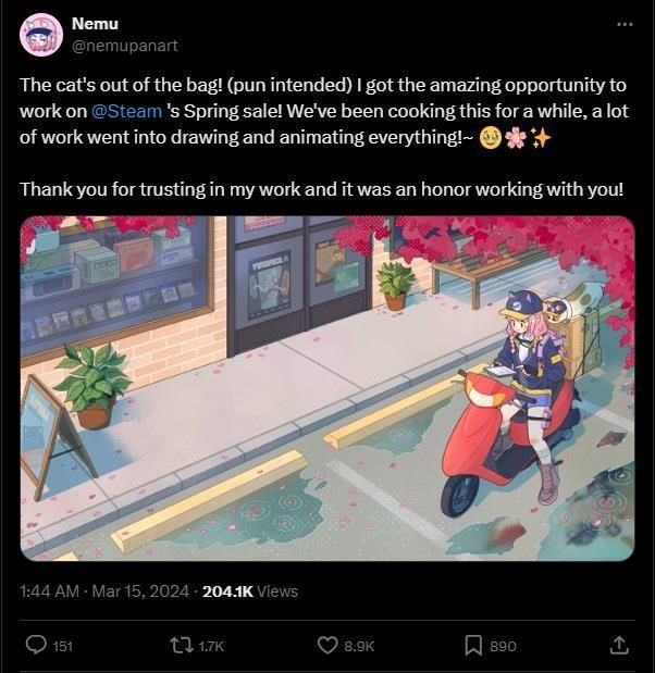 Memu在推特发布的看板娘早期线稿，展示角色骑车姿态与服装细节