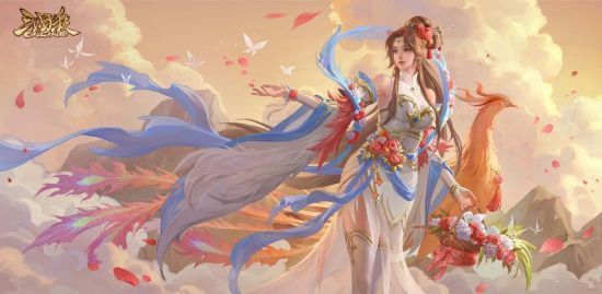 王荣身穿霞帔云裳皮肤，手持花篮翩翩起舞，周身花瓣飘散，宛如天女下凡