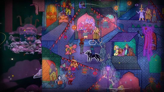 玩家操控角色在屋顶间跳跃，背景是满天飞舞的发光纸鸟与巨大的月亮