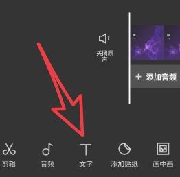 剪映底部工具栏中‘文字’按钮被高亮显示，界面简洁直观