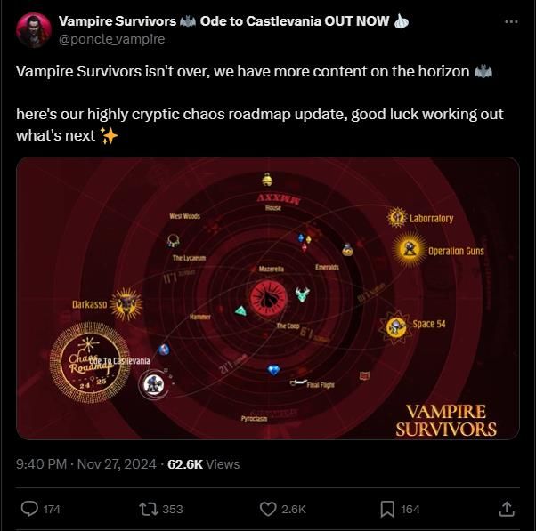 Poncle发布的滚动星图截图，呈现多个发光节点与连线，象征未来更新内容