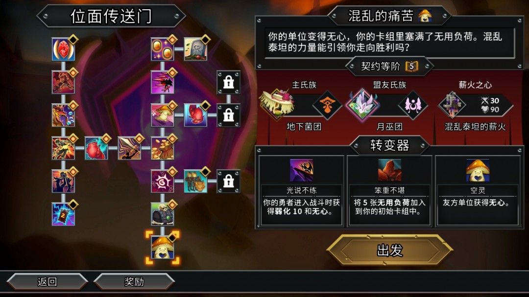 位面挑战选择界面，红色高亮标注‘混乱的痛苦’挑战位置，周围为其他可选关卡