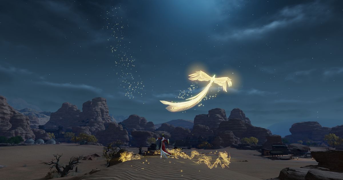 角色使用【展裳】动作，裙摆随风展开，金光流转，姿态优雅