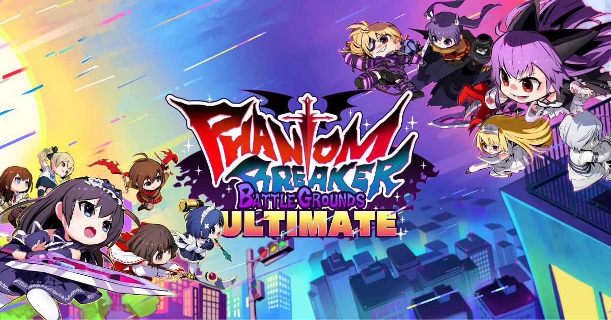 《幻影破坏者：终极战场》游戏主视觉图，四位女主角并肩站立，背景为东京都市夜景与神秘能量波动