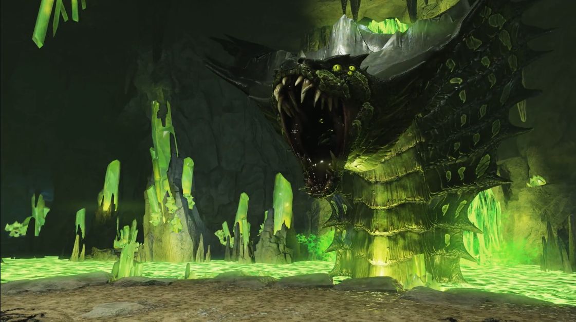 《辐射76》“Gleaming Depths”更新概念图，展示地下洞穴场景，发光植物与神秘机械结构交织，充满科幻探险氛围