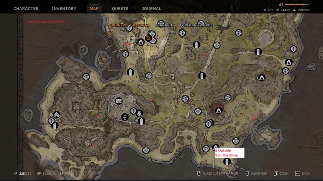 地图标记显示13个守护者标签分布点，红色光点遍布岛屿各处，包括实验室、矿井、灯塔、小屋等关键地点