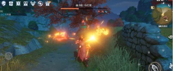 第三技能释放画面，火焰能量呈环形扩散，带有穿透特效，敌人被多段伤害击中