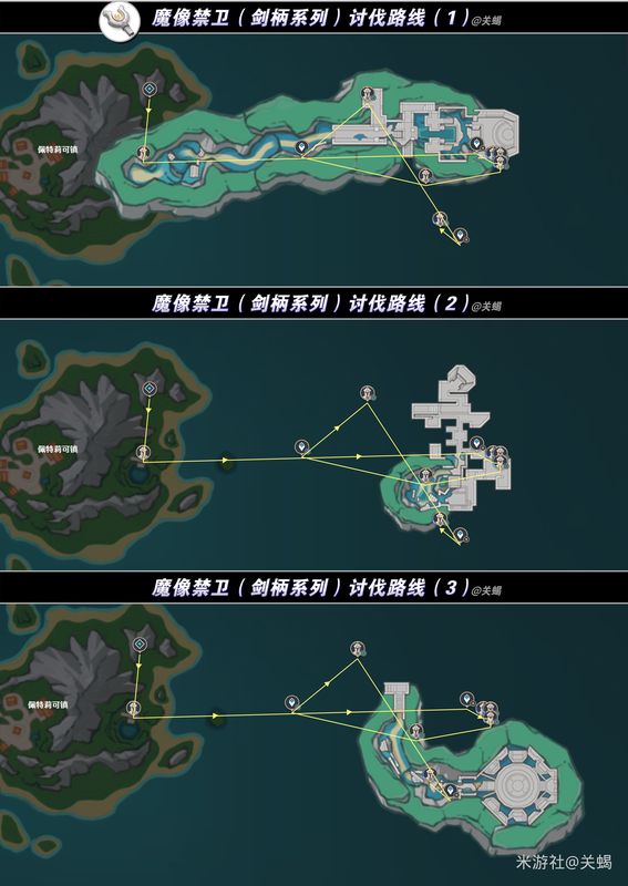 地图标注显示三个魔像禁卫刷新点位，红点清晰标示于枫丹区域地形图上