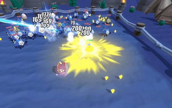 圣光术释放后形成金色光柱，蛋仔被柔和光芒包裹，生命值回升